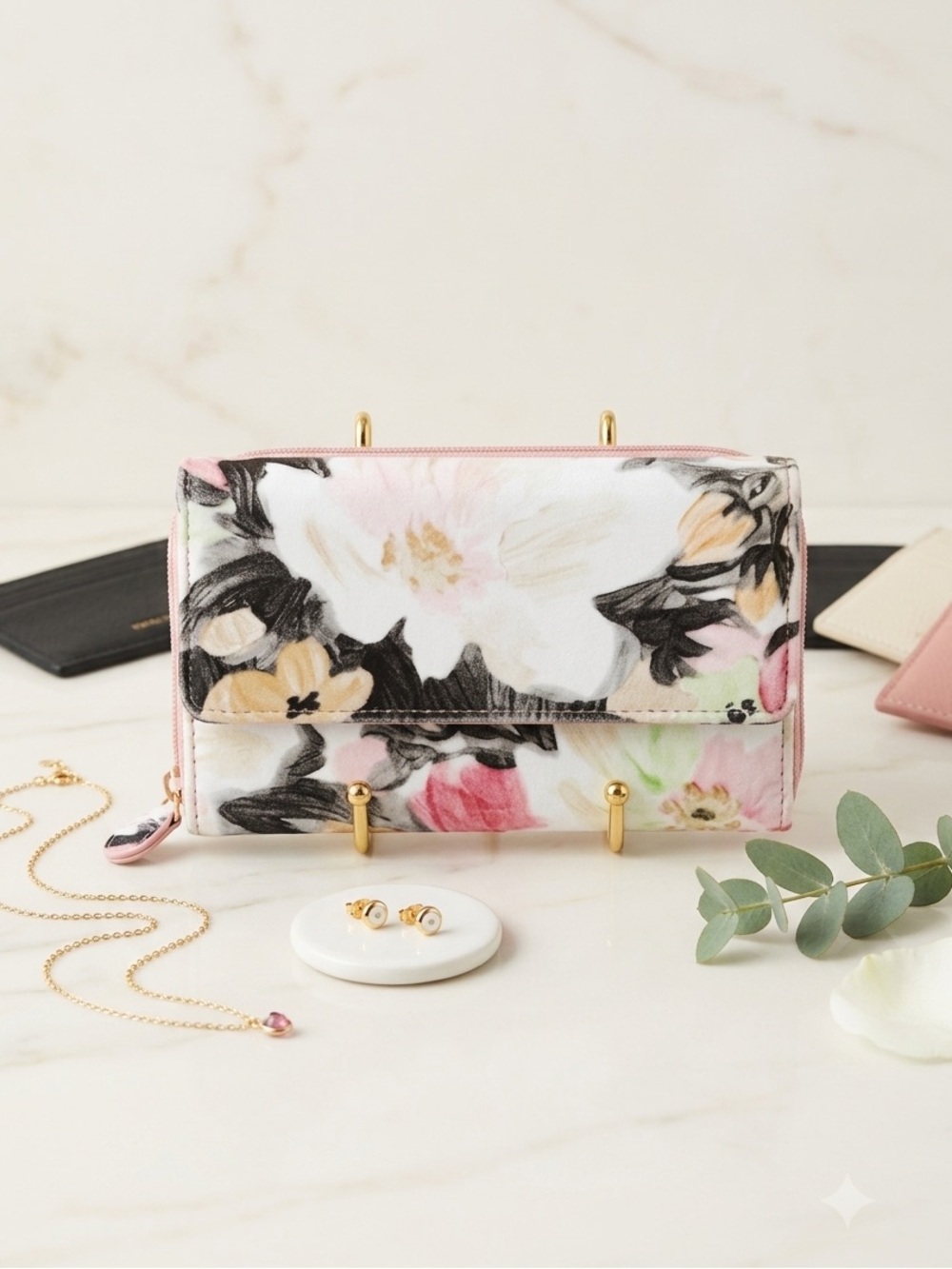 Floral Print Clutch Wallet in White and Pink